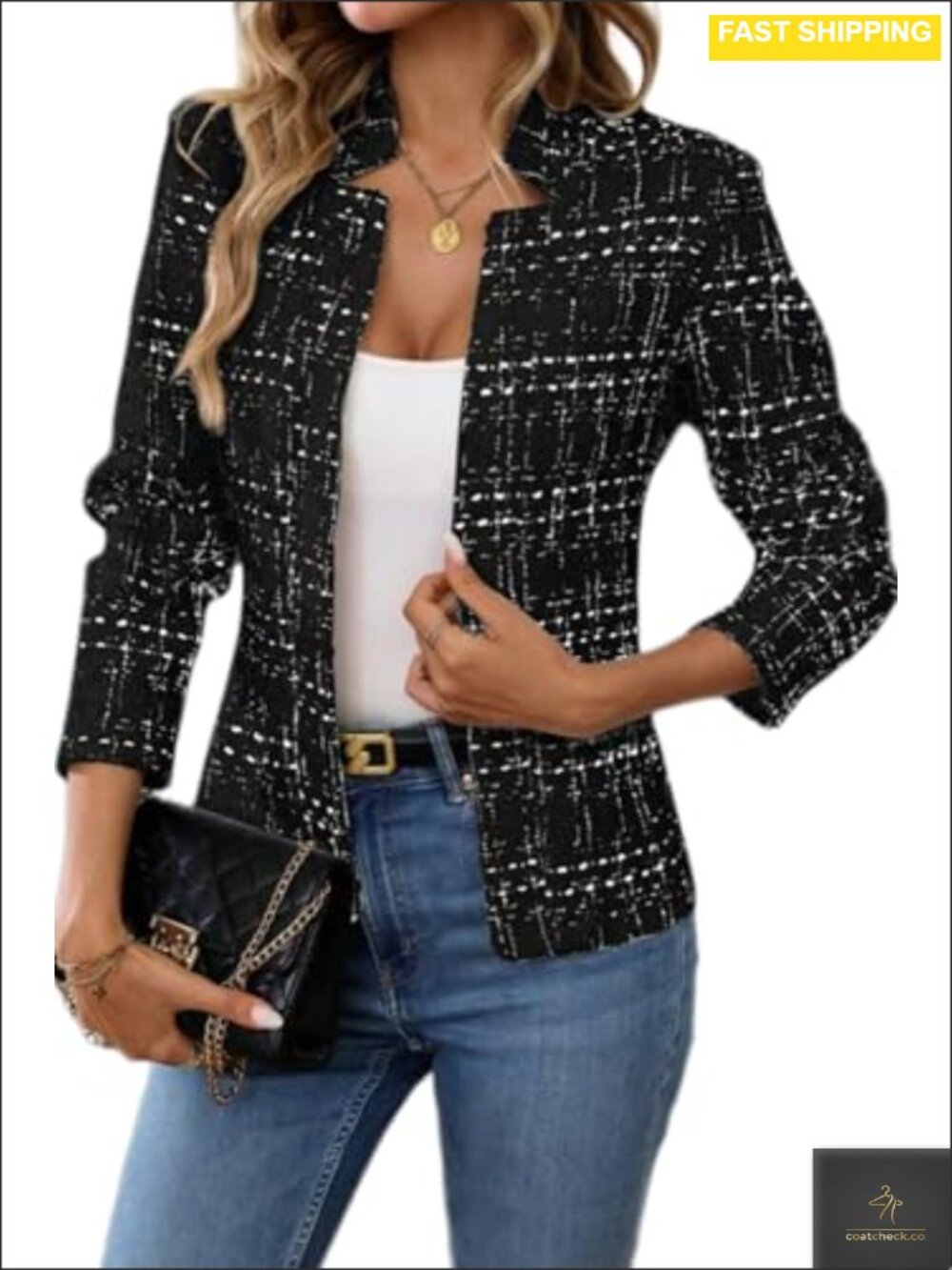 Tweed Open Front Blazer Long Sleeve Notch Collar Slim Fit Business Casual